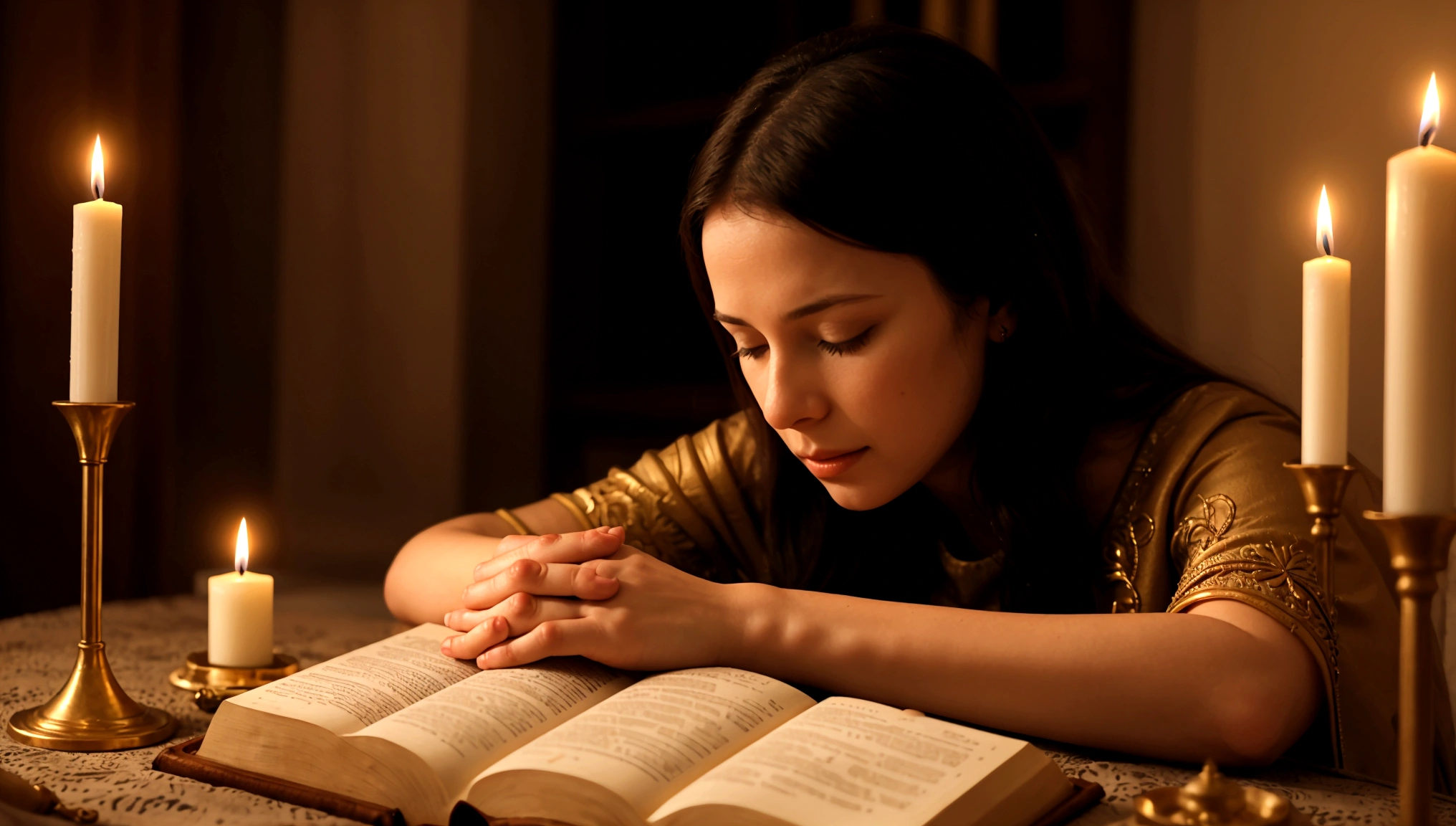 a woman praying with her hands crossed, in front of a candle, and a bible in front