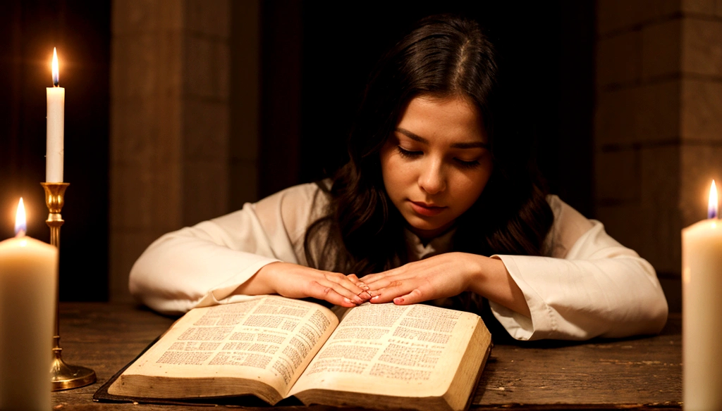a woman praying with her hands crossed, in front of a candle, and a bible in front