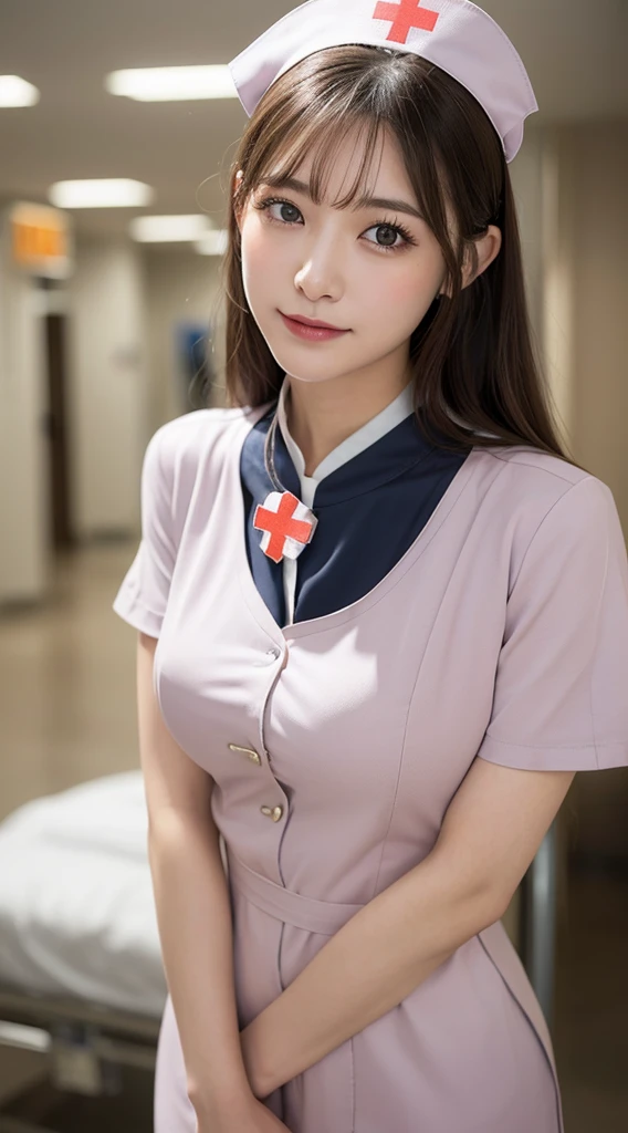 A smile, (8K, Raw photography, top-quality, masterpiece: 1.2), masterpiece, Super Detail, 超A high resolution, (Realistic and realistic photos: 1.37), high-definition RAW color photography, extremely delicate and beautiful, ighly detailed, 8K Wallpaper, astonishing, detaileds, extremely detailed eye, highlydetailed skin, extremely detailed fingers, highly detailed nose, highly detail mouth, perfect anatomia,1girl in, Blurry, Blurry background, Blurred foreground, blush, Colossal tits, depth of fields, eyebrows visible through hair, hair between eye, ,Hospital Only, (Colossal tits:1.3)、Nogizaka Idol、Korean Idol、hposing Gravure Idol、actress、25-years old、tall、(((nurse's uniform:1.3)))、((Nurse in uniform:1.2))、Black thigh stockings、(Colossal tits)
