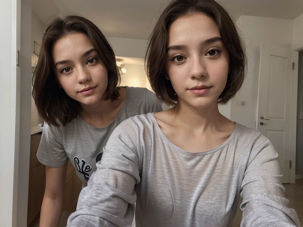 1 Girl, SELFIE, vestida con pijama, 21 years old, Brown hair , Short hair reaching shoulders, Gray eyes, selfie, sin pinturas de fondo,