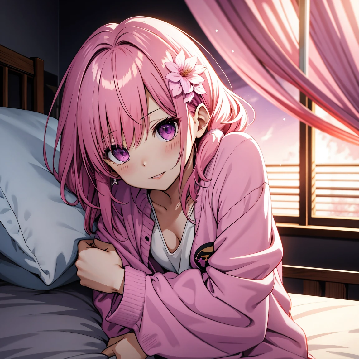 Momo Belia Deviluke has short pink hair and purple eyes. In the To LOVE-Ru manga, straightened her hair out She also has two small flowers on her hair. naked on bed