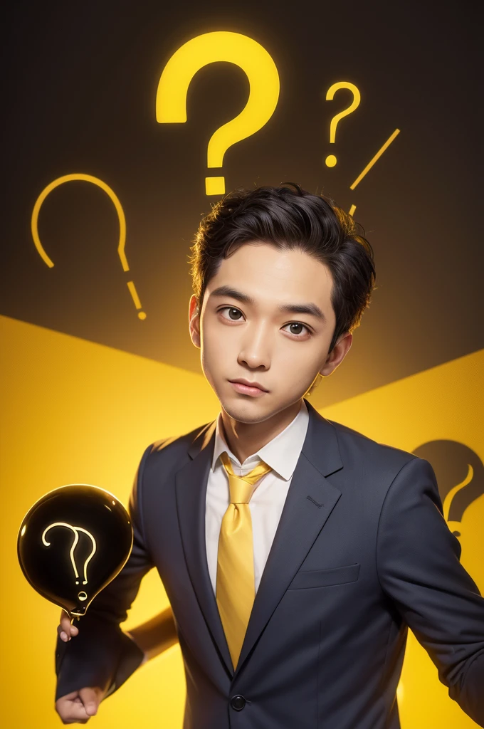 A cute brain in a suit, with a question mark above his head, yellow backdrop