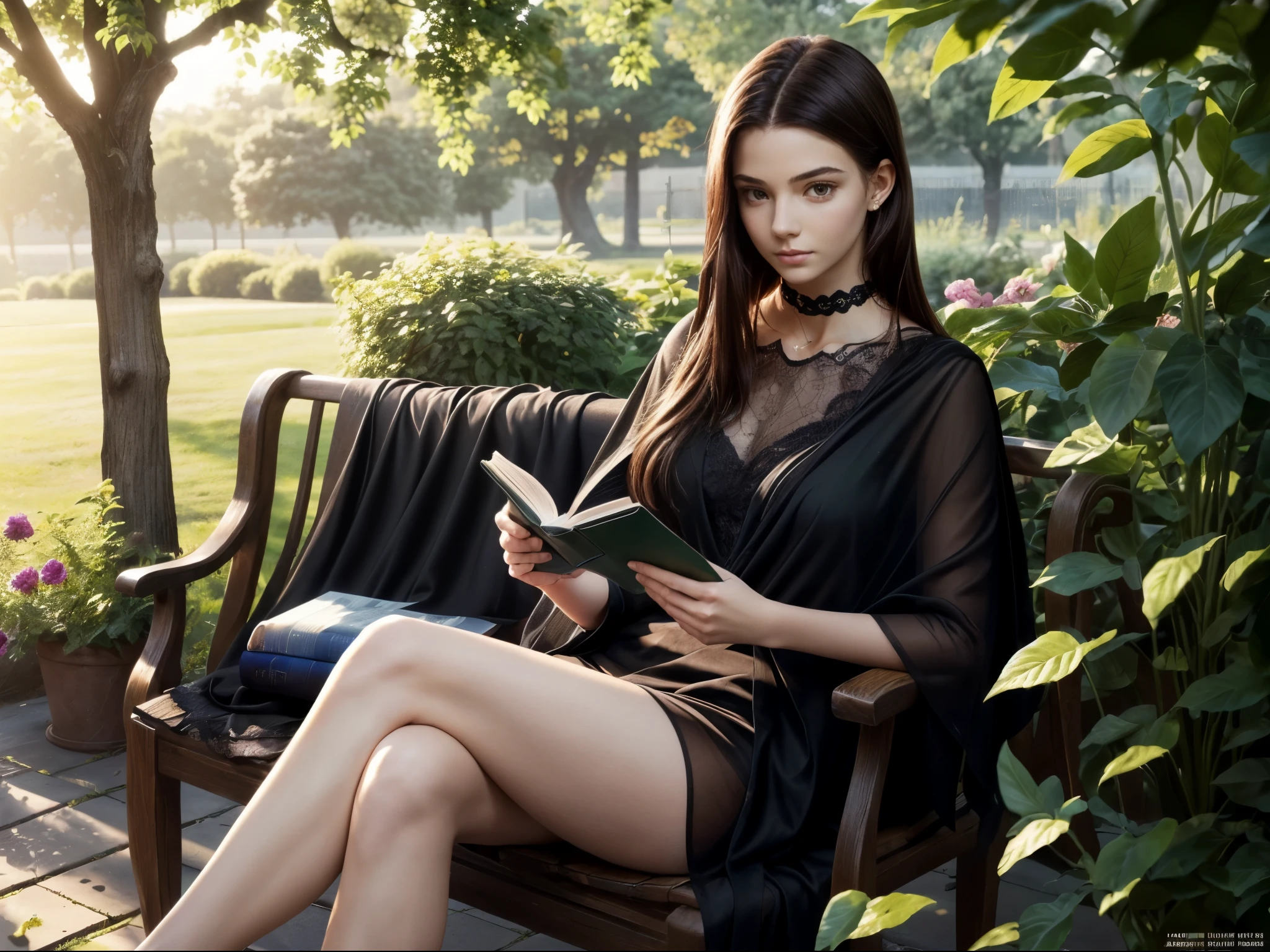 1girl, sitting, reading a book, see-through long shawl, see-through cape, (thigh:1.2), detailed face, short bob hair, outdoor, direct sunlight, garden, trees, (highest quality, masterpiece:1.4), sharp focus, (photorealistic, realistic:1.4), light brown hair, fine grain, black lace, black choker, gigantic breasts,