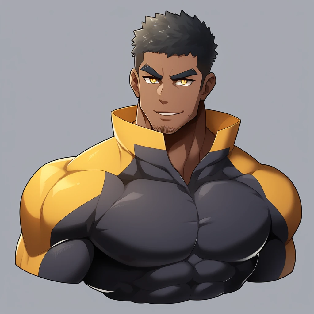 anime characters：Gyee, Muscle Sports Student, ????? black skin, 1 dark skin muscular tough guy, Manliness, male focus, Dark Brown high collar long sleeve wetsuit, Matte texture, Very tight, Round, full and perky chest muscles, Slightly transparent, muscular male, muscular, only, Upper body, alone, Black short hair, Thick eyebrows, stubble, Yellow eyes, Grey background, simple background, amazing quality, best aesthetics, Ridiculous, bright pupils, crew cut, parted lips, seductive smile, torogao, naughty face,  best quality