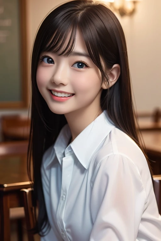 (In 8K、Highest quality、masterpiece:1.2)、(Realistic、Photorealistic:1.37)、Ultra-detailed、1 Girl、cute、alone、classroom、night、(Laughter:1.15)、huge 、Beautiful and beautiful eyes、(Collared shirt:1.1)、White blouse、Float NovaFrogStyle、adult、Amorous、Gloss、Kamimei、She looks