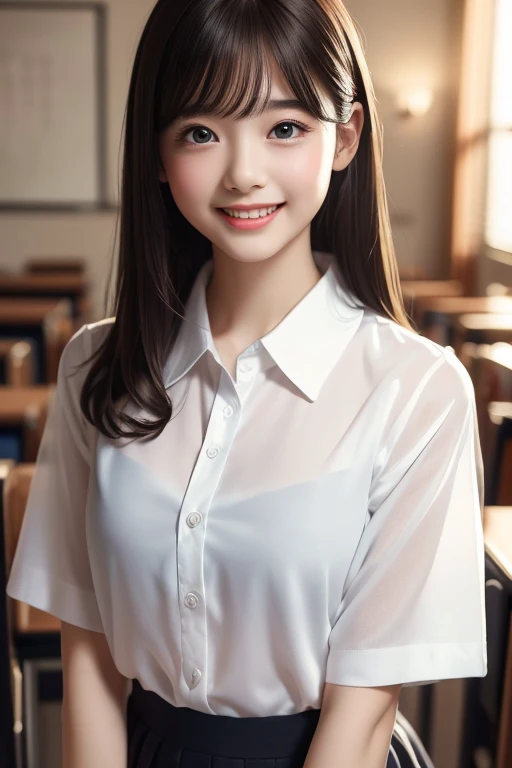 (In 8K、Highest quality、masterpiece:1.2)、(Realistic、Photorealistic:1.37)、Ultra-detailed、1 Girl、cute、alone、classroom、night、(Laughter:1.15)、huge 、Beautiful and beautiful eyes、(Collared shirt:1.1)、White blouse、Float NovaFrogStyle、adult、Amorous、Gloss、Kamimei、She looks 