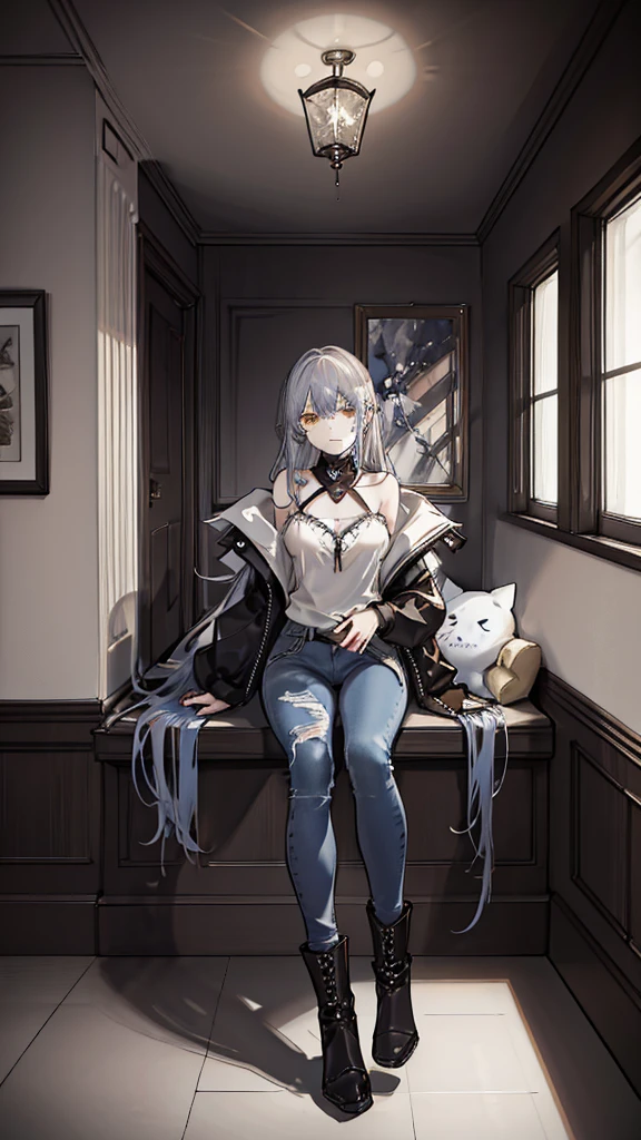 ((Suspense Scene ((Concept Art)), Highly detailed drawing of a girl in blue jeans, Brown coat and boots)), (Better lighting, Better Shadows, Very delicate and scary), (Digital Illustration), ((4K Painting)), [(Dynamic Angle,((One girl)),Gray Hair, (Beautiful Face, Perfect Face, Scared,) Expressions of fear, Torn clothes, Holding a gun in your hand, Sitting on the floor, darkness, Scary House),  [:(dark, mysterious, Game Paint, An ominous setting, Jagged Hallway, Big House, Deathly Silence):]