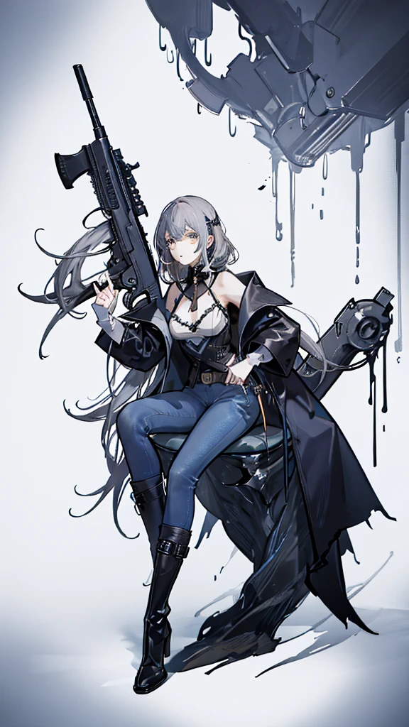 ((Suspense Scene ((Concept Art)), Highly detailed drawing of a girl in blue jeans, Brown coat and boots)), (Better lighting, Better Shadows, Very delicate and scary), (Digital Illustration), ((4K Painting)), [(Dynamic Angle,((One girl)),Gray Hair, (Beautiful Face, Perfect Face, Scared,) Expressions of fear, Torn clothes, Holding a gun in your hand, Sitting on the floor, darkness, Scary House),  [:(dark, mysterious, Game Paint, An ominous setting, Jagged Hallway, Big House, Deathly Silence):]
