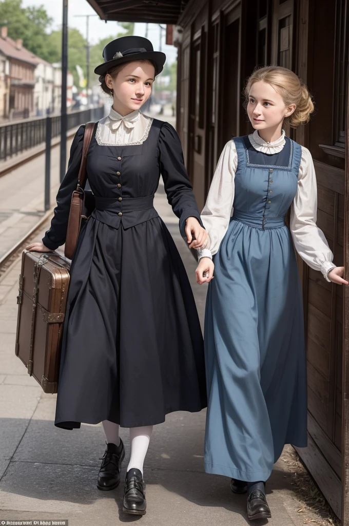 enviroment: late nineteenth century, probably at a train station or on the doorstep of a house. The atmosphere should reflect the era with historic costumes and architecture.
Personagens:
Marie Curie: Young and excited, perhaps with a look of hope and concern. She may be wearing simple period clothing.
Bronisława: also young, carrying a suitcase or trunk, ready for your journey. She must appear determined and eager for the future.