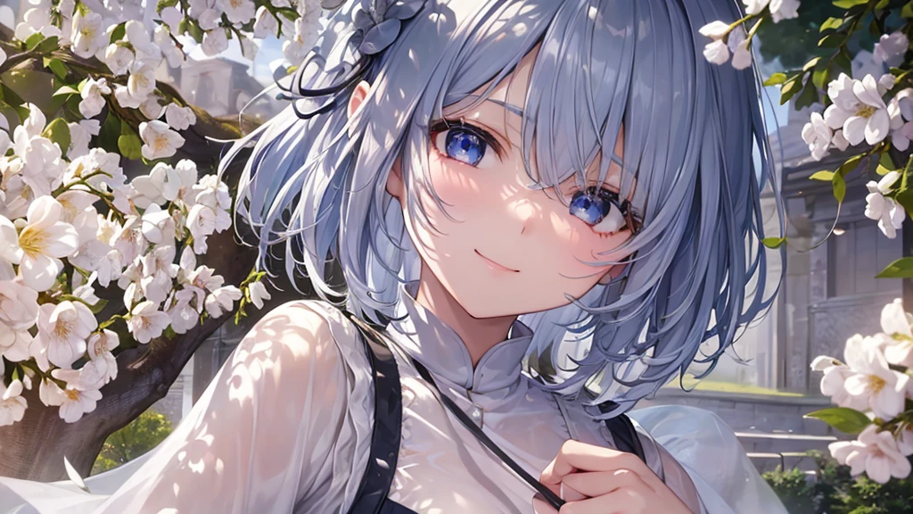 Ultra HD,Look at the viewers, Put your hands behind your back, With a girl, 20-year-old, 非常にShort Hair, Long bangs between the eyes, Pale blue eyes, Very detailed,(masterpiece、Highest quality),Gray Hair、Laughter、Fantastic, Silver Hair, Iris, Short hair、 Fluttering Hair、Small Face、明るいsmile、(Detailed face) ,Professional Lighting,Wonderful landscape,blue sky, sunlight,Looking down from above,Portraiture、Open your mouth、Flower Field、Her eyes were shining、Mysterious and enchanting atmosphere。With AI Painting、とてもShort Hair, Long bangs between the eyes, Very detailed,(masterpiece、Highest quality)、alone、Gray Hair、Fantasy, Silver Hair, Fantasyな風景、White shirt、smile、Open your mouth、short hair、Short Hair、hairpin、black eye、Grey Eyes、Beautiful Eyes、