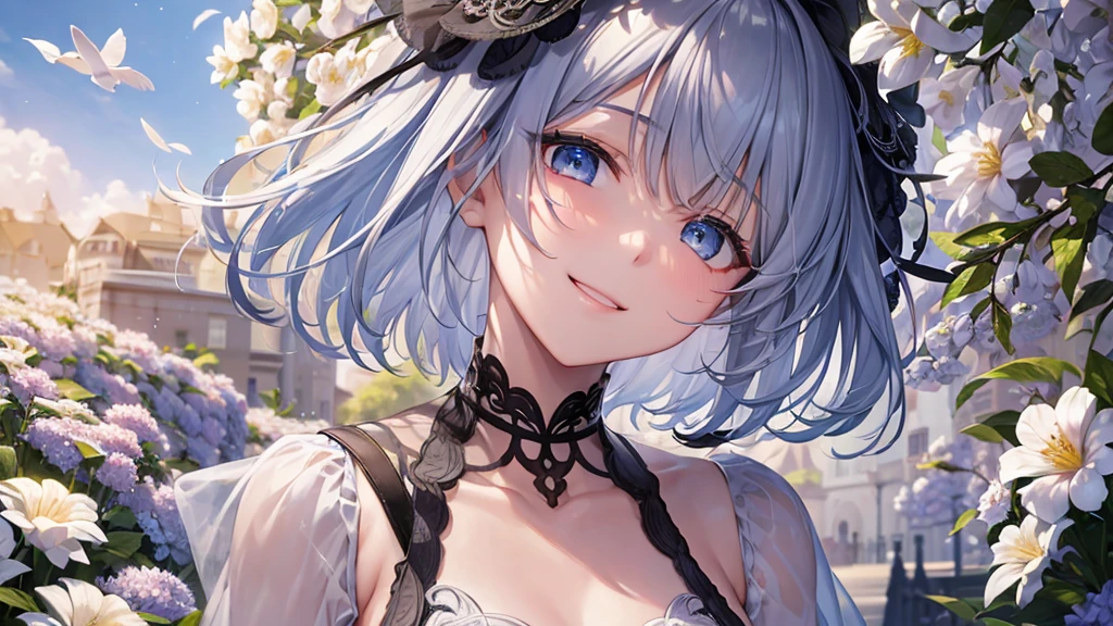 Ultra HD,Look at the viewers, Put your hands behind your back, With a girl, 20-year-old, 非常にShort Hair, Long bangs between the eyes, Pale blue eyes, Very detailed,(masterpiece、Highest quality),Gray Hair、Laughter、Fantastic, Silver Hair, Iris, Short hair、 Fluttering Hair、Small Face、明るいsmile、(Detailed face) ,Professional Lighting,Wonderful landscape,blue sky, sunlight,Looking down from above,Portraiture、Open your mouth、Flower Field、Her eyes were shining、Mysterious and enchanting atmosphere。With AI Painting、とてもShort Hair, Long bangs between the eyes, Very detailed,(masterpiece、Highest quality)、alone、Gray Hair、Fantasy, Silver Hair, Fantasyな風景、White shirt、smile、Open your mouth、short hair、Short Hair、hairpin、black eye、Grey Eyes、Beautiful Eyes、