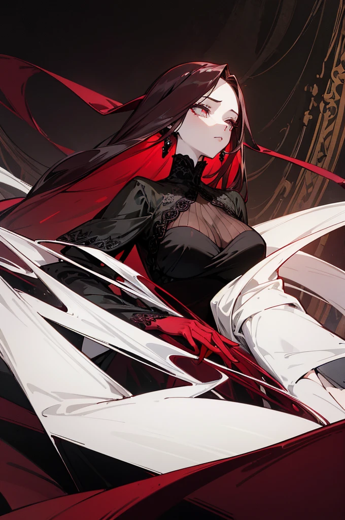 Beautiful adult girl, long straight burgundy hair, narrow green eyes, Long eyelashes, rich red and black palace dress, revealing clothes, big breasts, open bodice, deep neckline, Rich decorations, Dark background, pale picture, a lot of details, atmosphere of villainy, shine, uncertainty, disturbance