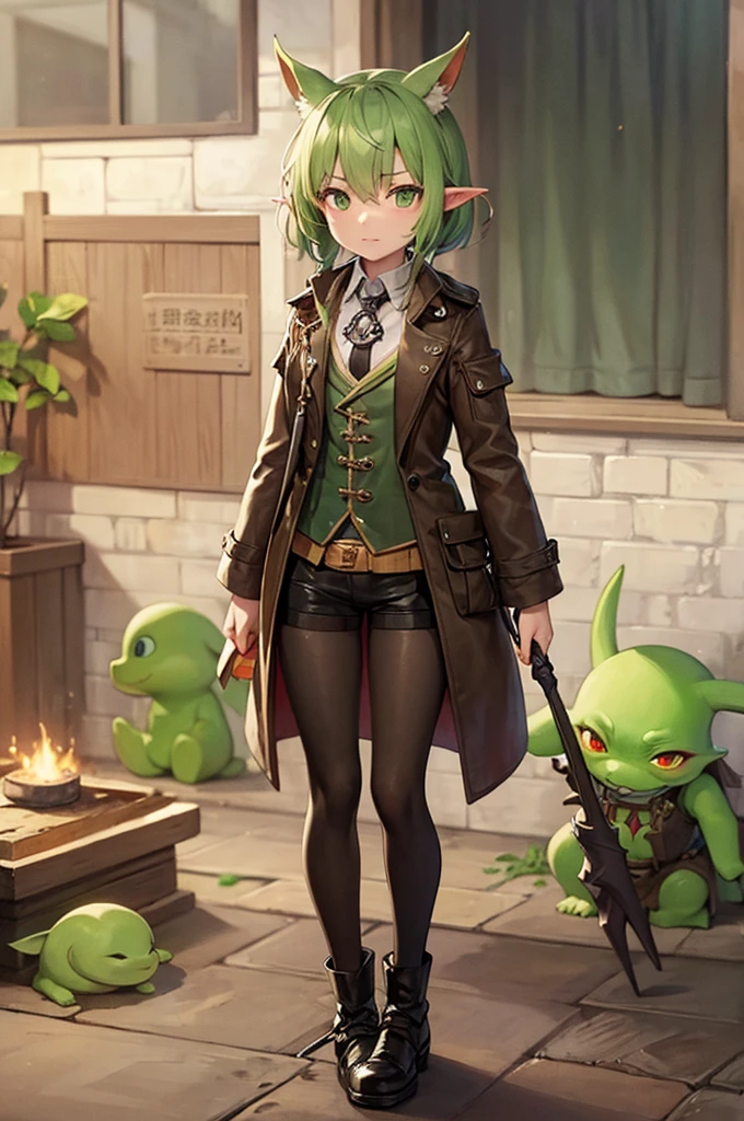 Goblin，Stone Spear，Green Skin，Short stature，primary，Shabby，Clothes Animal Skins，Ragged animal skin coat，，一群Goblin，Non-human
