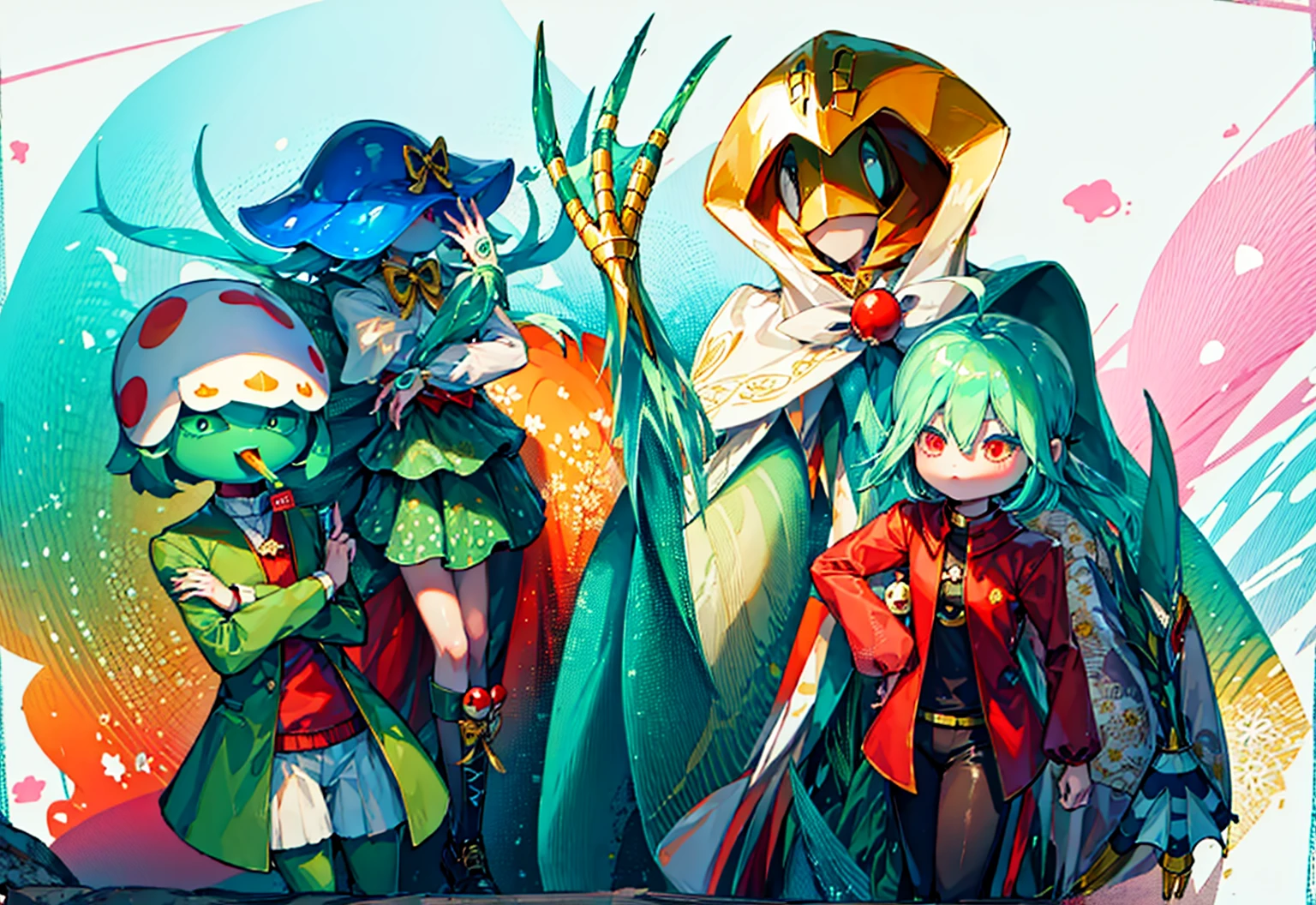 Highest quality images,Clear images,Q version style,Q version style,Cute style。Girl with blue green gradient hair,Girl with slime-textured hair,Girl holding a lollipop,Mushroom head man,左侧的女孩背后是一个Mushroom head man,Mushroom man wearing green lolita skirt。Boy on the right,Blond boy,Red Eyed Boy,boy in red windbreaker,Duck head monster,The man with a duck head,A person wearing a ball-shaped head puppet costume,Red Peak,Duck monster wearing a red cape