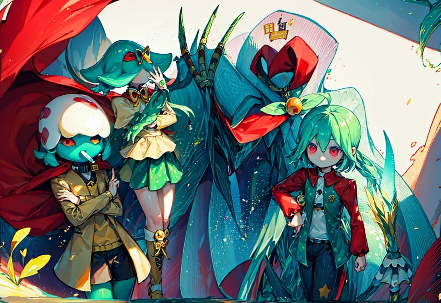 Highest quality images，Clear images，Q version style，Q version style，Cute style。Girl with blue green gradient hair，Girl with slime-textured hair，Girl holding a lollipop，Mushroom head man，左侧的女孩背后是一个Mushroom head man，Mushroom man wearing green lolita skirt。Boy on the right，Blond boy，Red Eyed Boy，boy in red windbreaker，Duck head monster，The man with a duck head，A person wearing a ball-shaped head puppet costume，Red Peak，Duck monster wearing a red cape