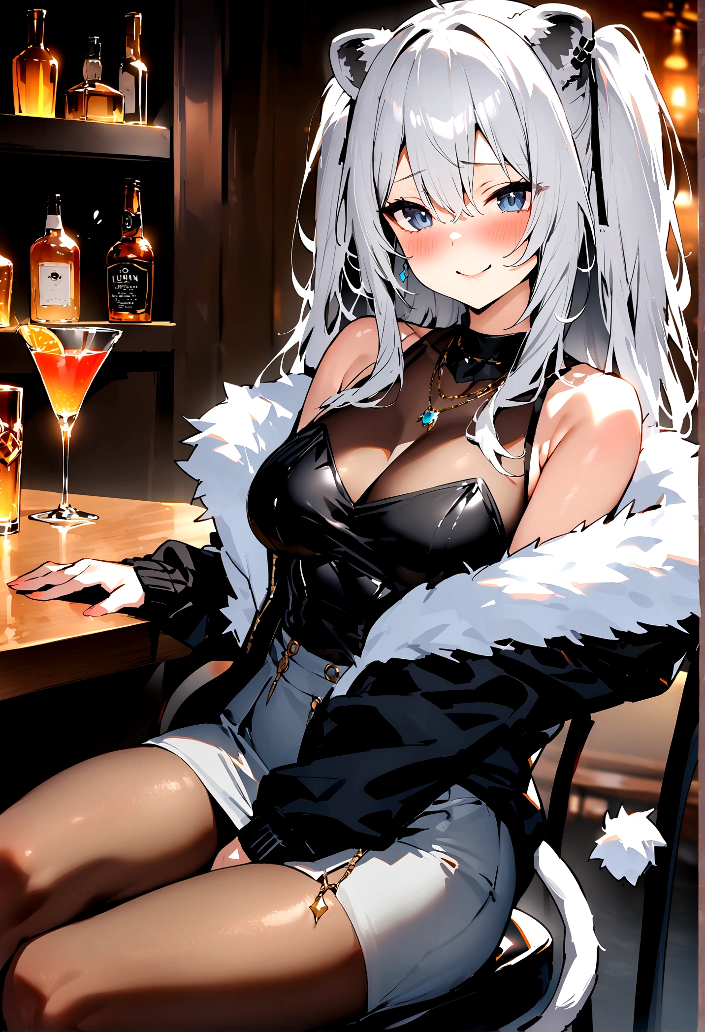 NSFW,masterpiece,Highest quality,High resolution,Super detailed,Shishirabotan\(Hololive\),Long Hair、Two Side Up、Earrings、Lion's Tail,necklace、Black Shirt、Sleeveless shirt、abdomen、See-through、Grey Skirt、片足pantyhose、pantyhose、fur-trimmed jacket、Black jacket、Off the shoulder,Bewitching Smile,blush,Luxurious Room,pub,counter,chair,Cocktail Glass,(Drunk),(Intoxication),Sitting in a chair,From the side