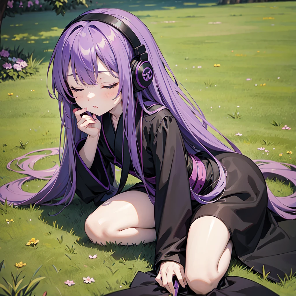 1 person. Anime girl with long purple hair and black robe. Pointy ears. Cute as in manga. Sitting on grass with eyes closed. Headphones.