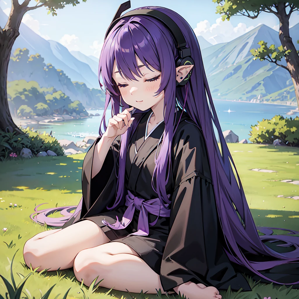 1 person. Anime girl with long purple hair and black robe. Pointy ears. Cute as in manga. Sitting on grass with eyes closed. Headphones.