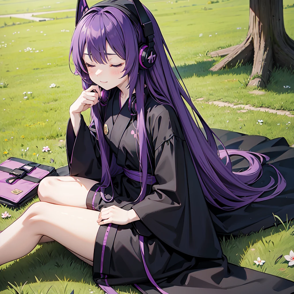 1 person. Anime girl with long purple hair and black robe. Pointy ears. Cute as in manga. Sitting on grass with eyes closed. Headphones.