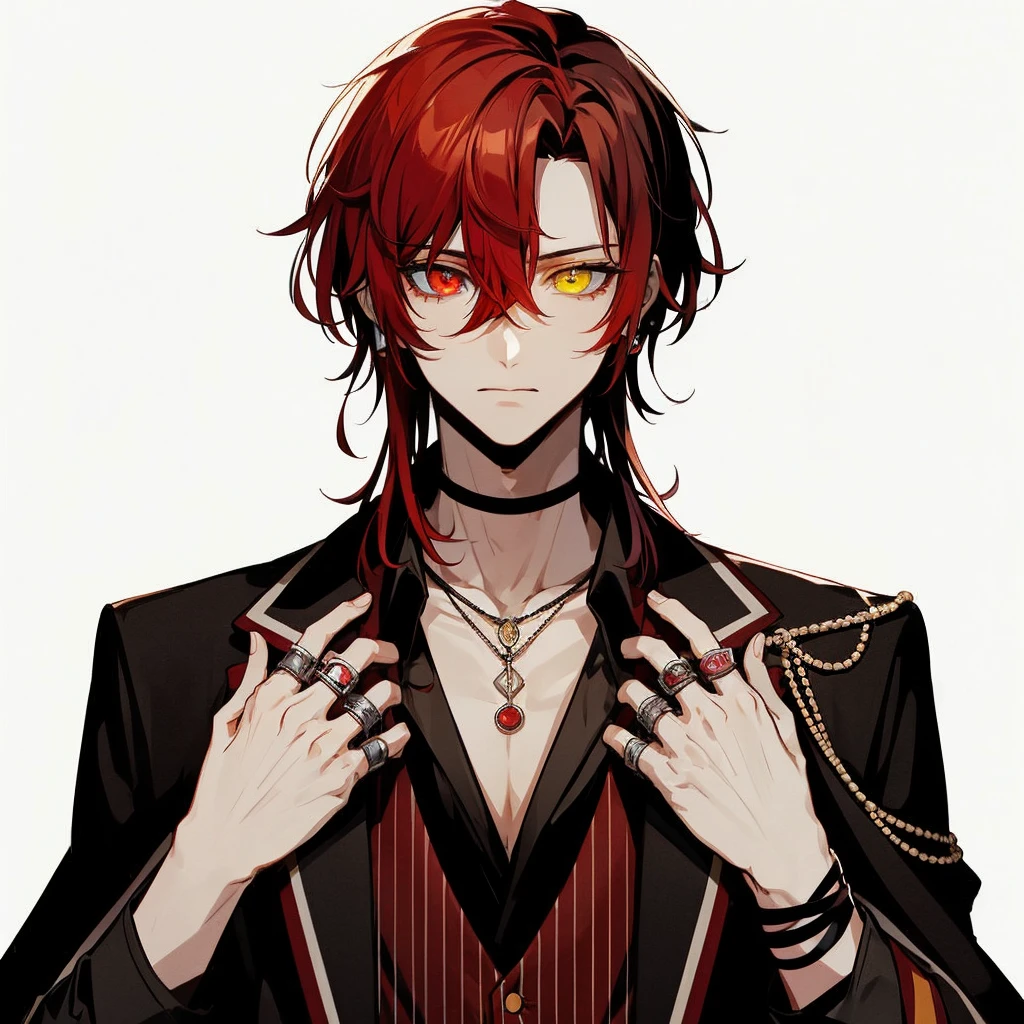 A red haired man with eyes of different colors, the left yellow and the right red, wearing a black suit, studying physics