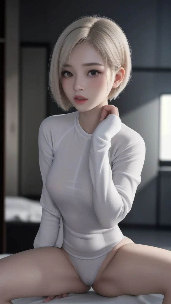 (masterpiece,best quality,ultra detailed,8k),(lascivious woman,lascivious beauty,voluptuous female,gals,vulgar female,cute female,curvy,large breasts,nasty face,erotic face,perfect face,balanced face,big eyes,glistening skin,long eyelashes,seductive eyes,pulled lips,seductive mouth,sexually excited expression,sweaty skin,perfect body),(platinum blonde short bobcut hair),(track suit)