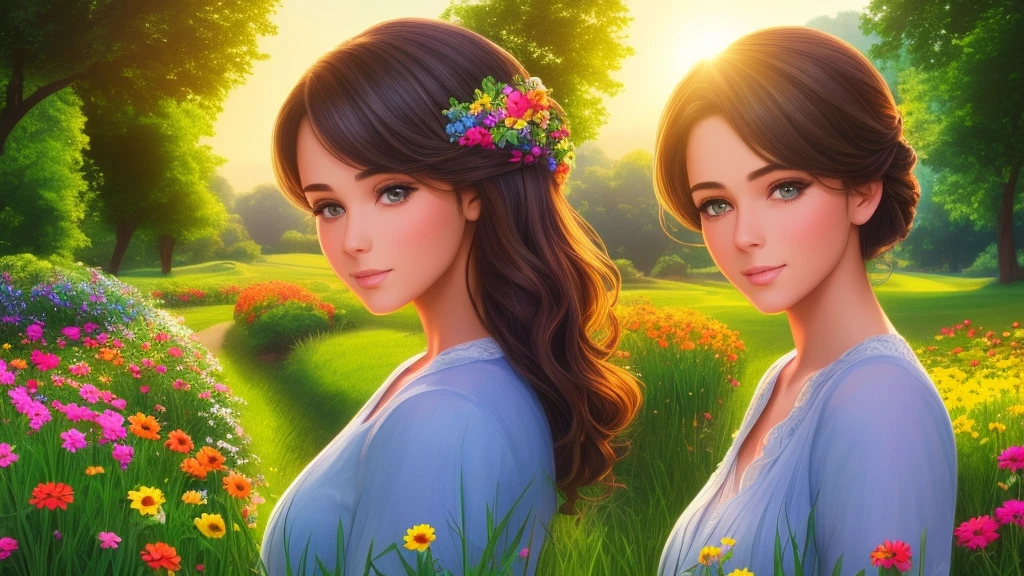 a lush green garden, people picking fruit and flowers, fields of flowers, sun rising, beautiful serene landscape, comic book art style, 1girl, beautiful detailed eyes, beautiful detailed lips, extremely detailed face and features, long eyelashes, (best quality,4k,8k,highres,masterpiece:1.2),ultra-detailed,(realistic,photorealistic,photo-realistic:1.37),vibrant colors,warm lighting,whimsical,fantasy,idyllic,pastoral,peaceful,joy,cheerful