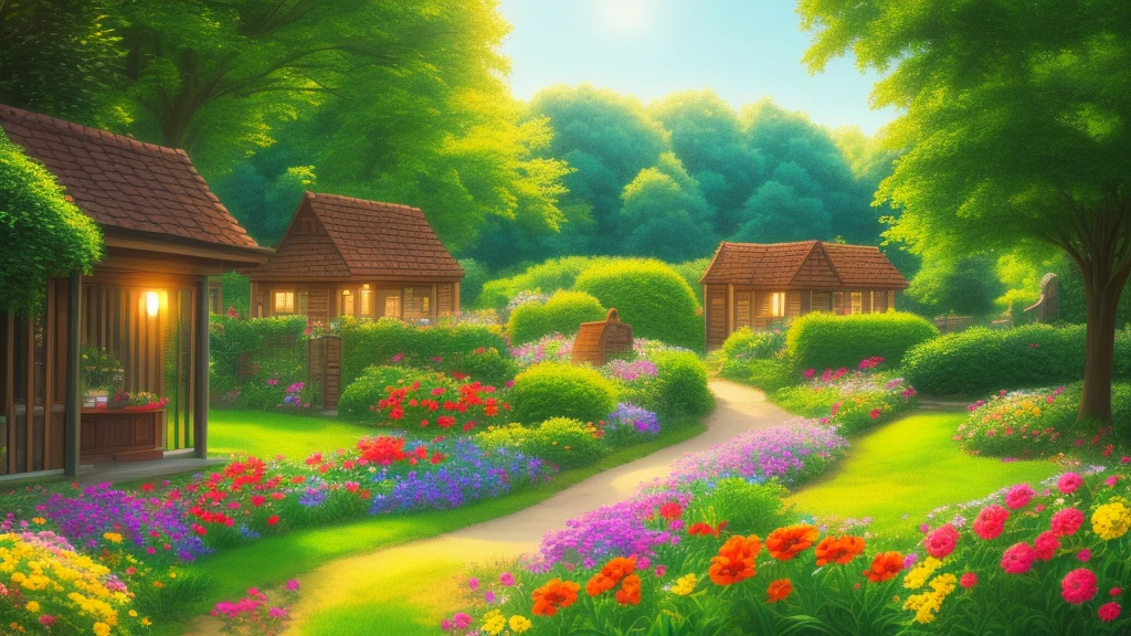 a lush green garden, people picking fruit and flowers, fields of flowers, sun rising, beautiful serene landscape, comic book art style, 1girl, beautiful detailed eyes, beautiful detailed lips, extremely detailed face and features, long eyelashes, (best quality,4k,8k,highres,masterpiece:1.2),ultra-detailed,(realistic,photorealistic,photo-realistic:1.37),vibrant colors,warm lighting,whimsical,fantasy,idyllic,pastoral,peaceful,joy,cheerful