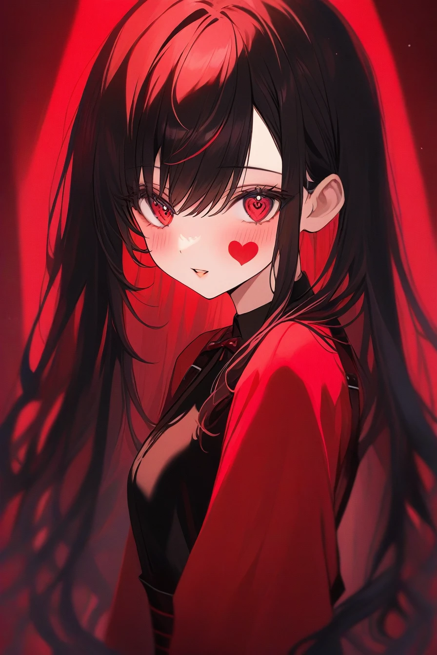 Red and black style,Black long hair,Waist-length hair,Red highlights on the back,curls,Red eyes,The left eye pupil is a heart。There is a heart on the left corner of the face。