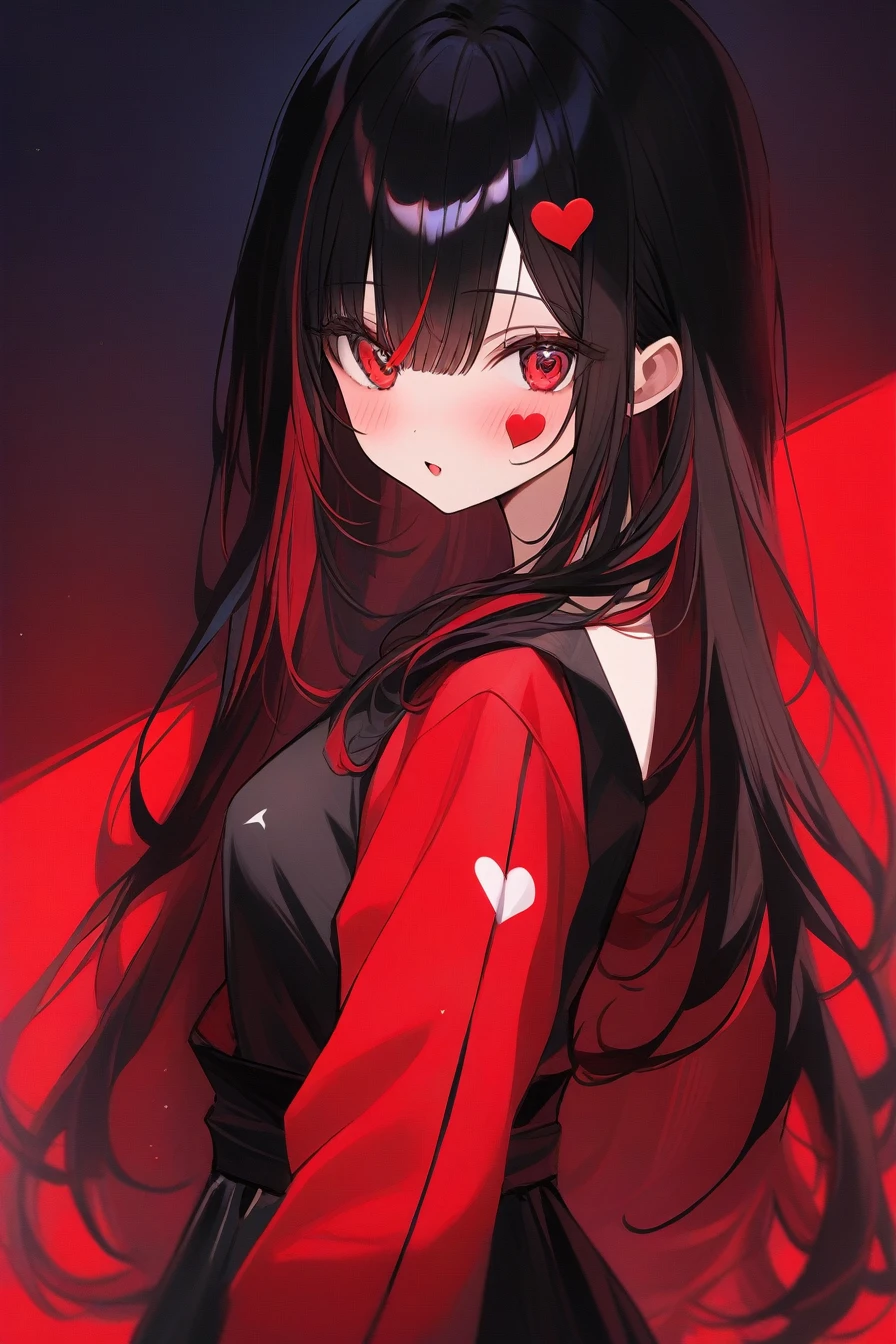 Red and black style,Black long hair,Waist-length hair,Red highlights on the back,curls,Red eyes,The left eye pupil is a heart。There is a heart on the left corner of the face。