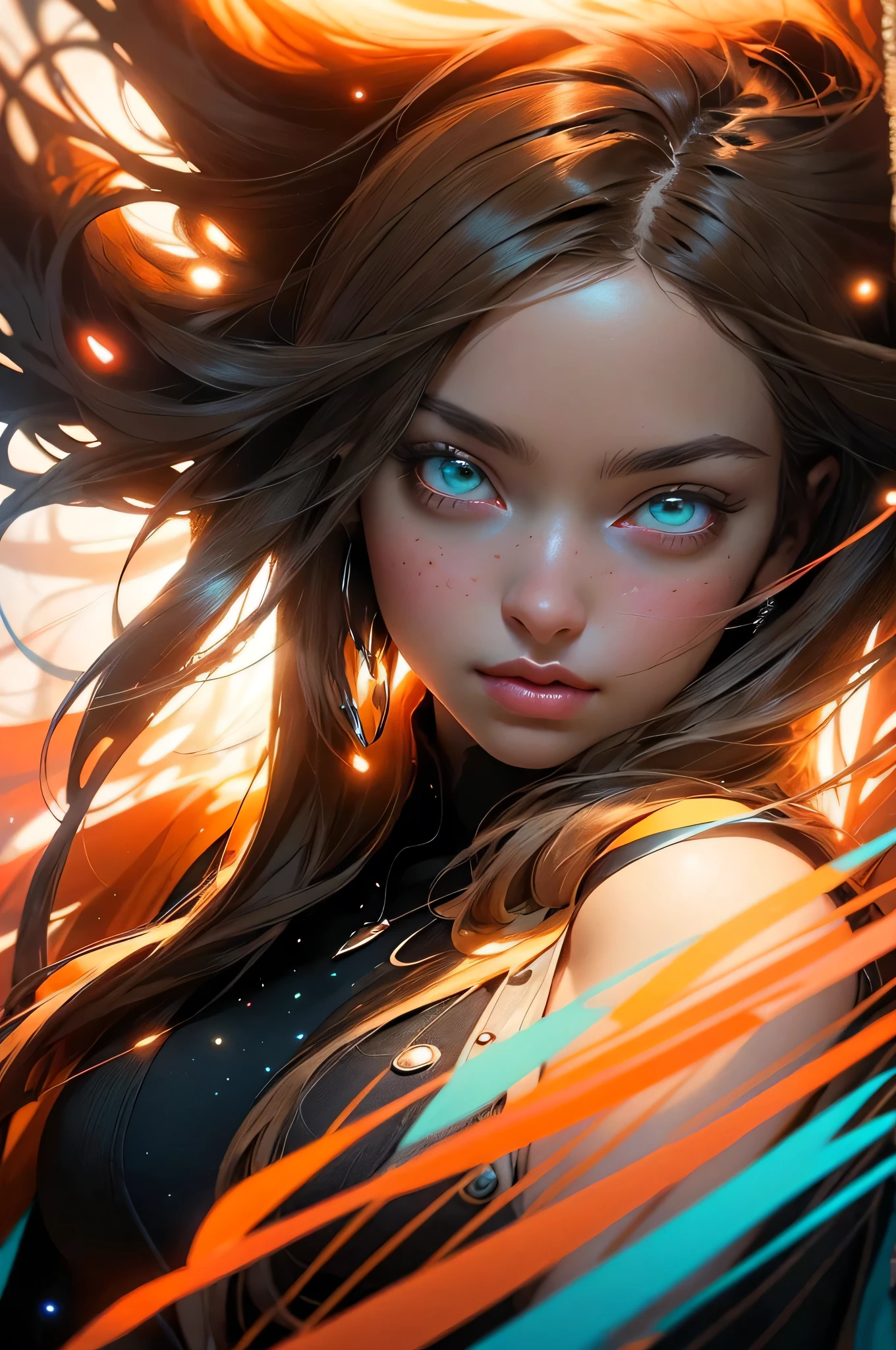 Full body shot, ((masterpiece))), (((best quality))), ((ultra-detailed)), (hyperrealistic), (highly detailed CG illustration), ((an extremely delicate and beautiful)), create a stunning anime artwork that is currently trending on ArtStation, showcasing exquisite beauty and captivating aesthetics.
The character in the artwork is a graceful and enchanting figure, young, radiating an aura of elegance. Pay close attention to intricate facial features, such as mesmerizing eyes with vibrant colors and delicate shading. Hair (((Light brown hair, long free flowing hair, floating in the air, wrapped around her))). sexy, seductive, lustful
The character's clothing should be designed with elaborate patterns, flowing see-through fabrics, and rich textures, reflecting a blend of fantasy and contemporary fashion. transparent clothing, bare chest, cleavage, bare stomach, bare shoulders. turquoise, black and white colour scheme. dramatic lighting, light particles. lens flare,
Place the character in a captivating ethereal environment that enhances the overall appeal of the artwork. a mystical realm filled with magical elements. Incorporate vibrant colors, dynamic lighting, and detailed background elements to create a sense of depth and immersion. action pose. growling face.
Consider the latest trends in anime art, such as incorporating unique lighting effects, exploring creative composition techniques, or experimenting with unconventional color palettes. A dragon circles behind her
Take inspiration from the top artists on ArtStation and their exceptional execution of various art styles and themes. Camera: Choose an angle that highlights the character's beauty and the immersive environment. Lighting: Utilize atmospheric lighting techniques to create depth and mood. Resolution: Aim for a high-resolution artwork to showcase intricate details and clarity. Art Inspirations: Seek inspiration from the trending artists on ArtStation, exploring different styles, genres, and themes.