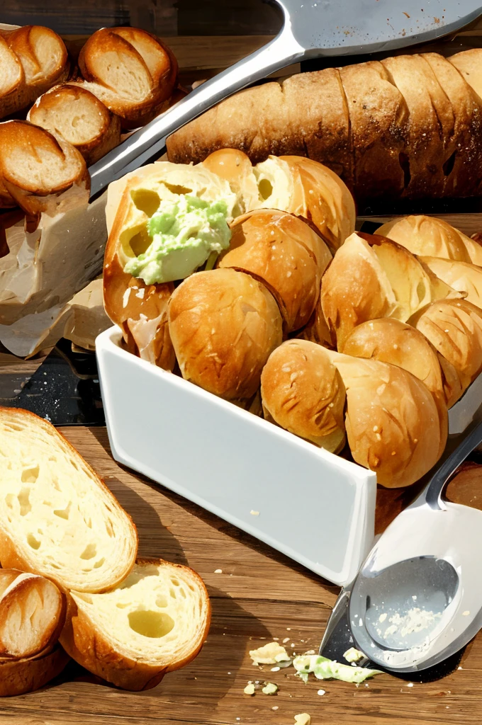 bread, fresh butter, butter spreader,
