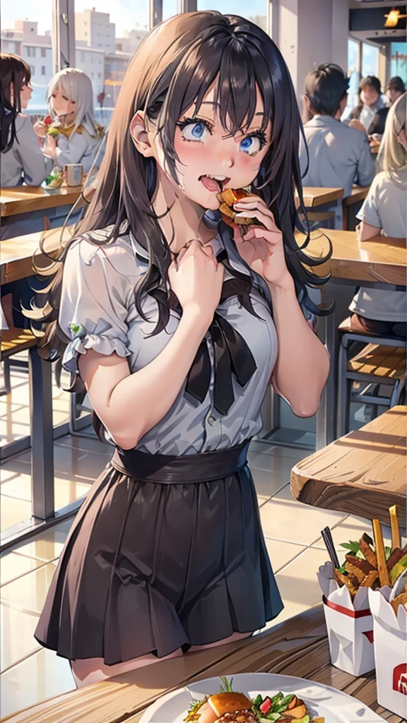 1 beauty,17-year-old high school girl, Watery Big Eyes,(Happy smile),long eyelasher, Blushlush,Black Perm Hair,At a table in a fast food restaurant, (Close your eyes, Smile and open your mouth wide), ((Gnawing on a grabbed hamburger with both hands)),(Eat cleanly)