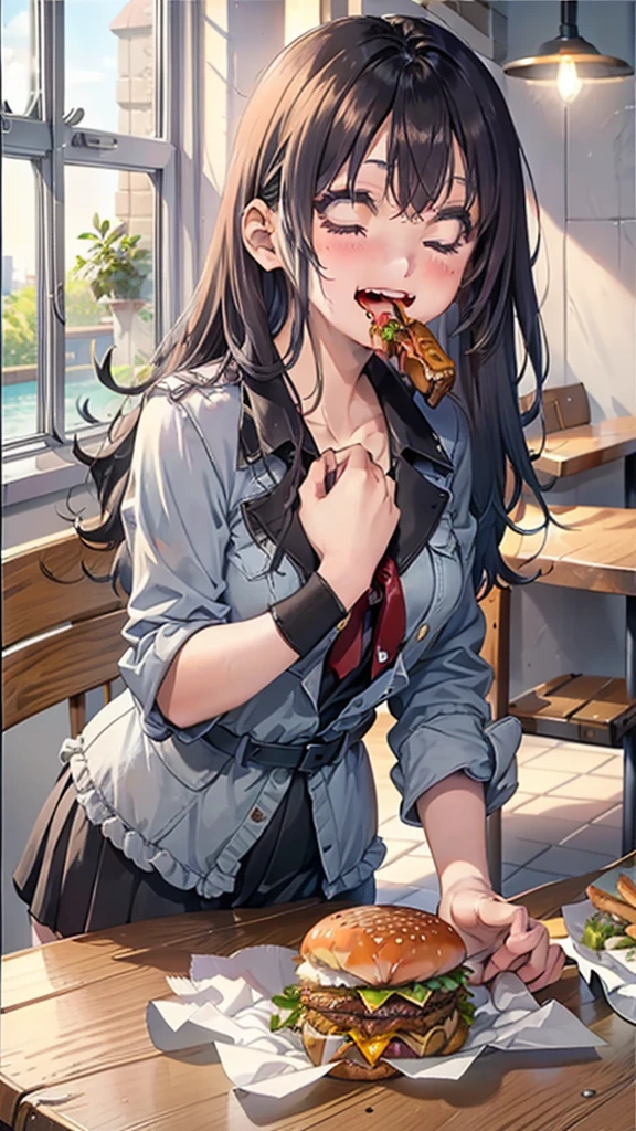 1 beauty,17-year-old high school girl, Watery Big Eyes,(Happy smile),long eyelasher, Blushlush,Black Perm Hair,At a table in a fast food restaurant, (Close your eyes, Smile and open your mouth wide), ((Gnawing on a grabbed hamburger with both hands)),(Eat cleanly)