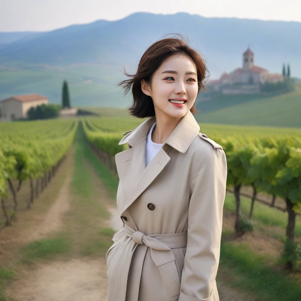 k Best picture quality, Beautiful 36-year-old Korean woman, You have good skin and big and pretty eyes... clear and nice weather. Chest size 34 inches, italian countryside, past the vineyard, The cathedral can be seen in the distance in thick fog.., The back background is realistic and vivid quality., Short and medium hair blowing in the wind, Wearing a trench coat neatly. beige casual pants, laugh. the background is clear, Short and slim Korean woman, stand far away, Photo taken with a wide-angle lens, One woman with big and pretty eyes, eyes are round and big