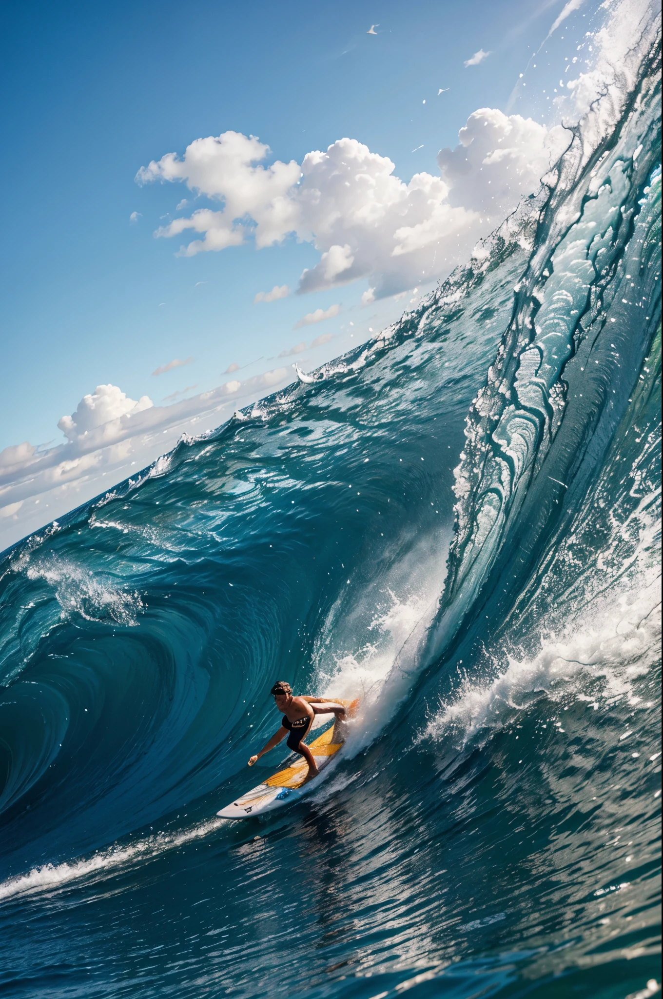 create modern surfing photos: a man swims out on a surfboard from a tall, beautiful, powerful wave. Use bright and attractive colors..
Target audience: People, passionate about travel, extreme sports and adventure. average person