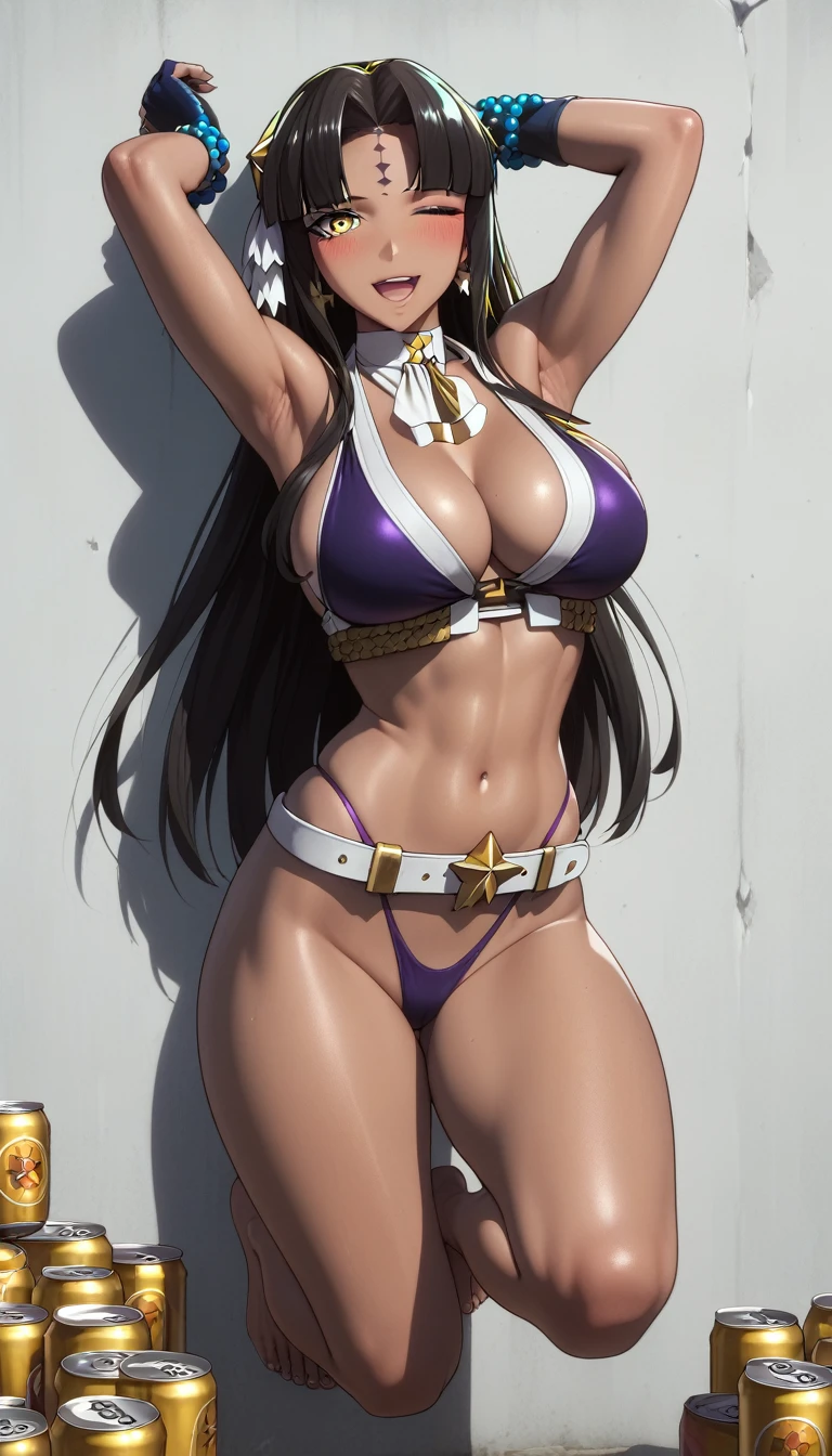 (asura art style:0.7), score_9, score_8_up, score_7_up, score_6_up, uncensored, michiko tanaka, long hair, black hair, hair ornament, forehead mark, yellow eyes, BREAK (masterpiece:1.2), best quality, high resolution, (detailed eyes:1.3), perfect lighting, (perfect hands, perfect anatomy), medium breasts, 1girl, breasts, swimsuit, bikini, purple bikini, navel, arms up, solo, dark-skinned female, dark skin, gloves, fingerless gloves, huge breasts, one eye closed, ribbon, armpits, smile, cleavage, open mouth, thighs, blush, belt, looking at viewer, hair ribbon, star \(symbol\), black gloves, can, tan, star hair ornament, hair ornament, jewelry, standing on one leg, beads, purple ribbon, hairband, bead bracelet, bare shoulders, white belt, neck ribbon, standing, loose belt, barefoot, bracelet, highleg, highleg bikini, earrings, beer can, drink can