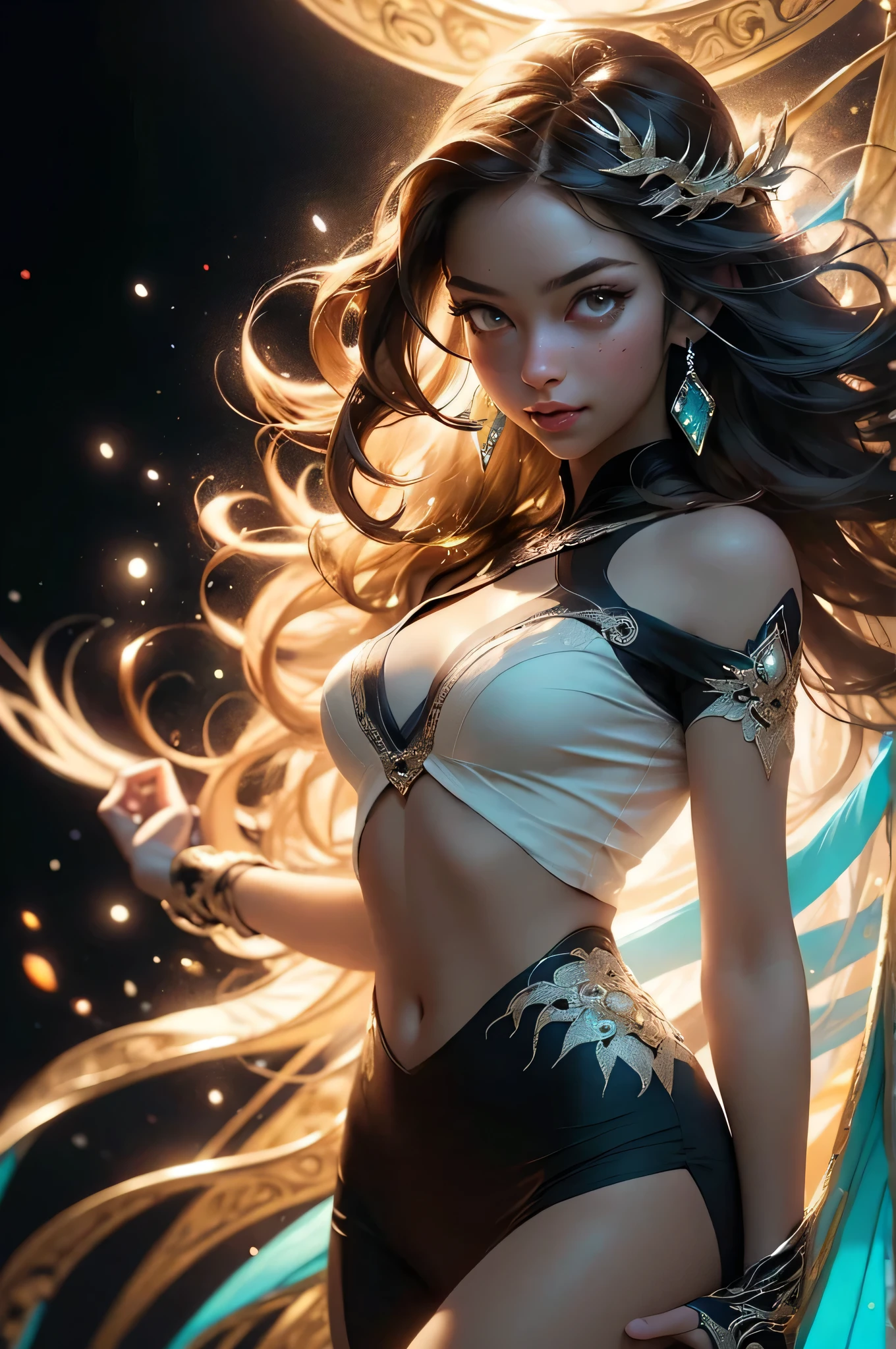Full body shot, ((masterpiece))), (((best quality))), ((ultra-detailed)), (hyperrealistic), (highly detailed CG illustration), ((an extremely delicate and beautiful)), create a stunning anime artwork that is currently trending on ArtStation, showcasing exquisite beauty and captivating aesthetics.
The character in the artwork is a graceful and enchanting figure, young, radiating an aura of elegance. Pay close attention to intricate facial features, such as mesmerizing eyes with vibrant colors and delicate shading. Hair (((Light brown hair, long free flowing hair, floating in the air, wrapped around her))). sexy, seductive, lustful
The character's clothing should be designed with elaborate patterns, flowing see-through fabrics, and rich textures, reflecting a blend of fantasy and contemporary fashion. transparent clothing, bare chest, cleavage, bare stomach, bare shoulders. turquoise, black and white colour scheme. dramatic lighting, light particles. lens flare,
Place the character in a captivating ethereal environment that enhances the overall appeal of the artwork. a mystical realm filled with magical elements. Incorporate vibrant colors, dynamic lighting, and detailed background elements to create a sense of depth and immersion. action pose. growling face.
Consider the latest trends in anime art, such as incorporating unique lighting effects, exploring creative composition techniques, or experimenting with unconventional color palettes. A dragon circles behind her
Take inspiration from the top artists on ArtStation and their exceptional execution of various art styles and themes. Camera: Choose an angle that highlights the character's beauty and the immersive environment. Lighting: Utilize atmospheric lighting techniques to create depth and mood. Resolution: Aim for a high-resolution artwork to showcase intricate details and clarity. Art Inspirations: Seek inspiration from the trending artists on ArtStation, exploring different styles, genres, and themes.
