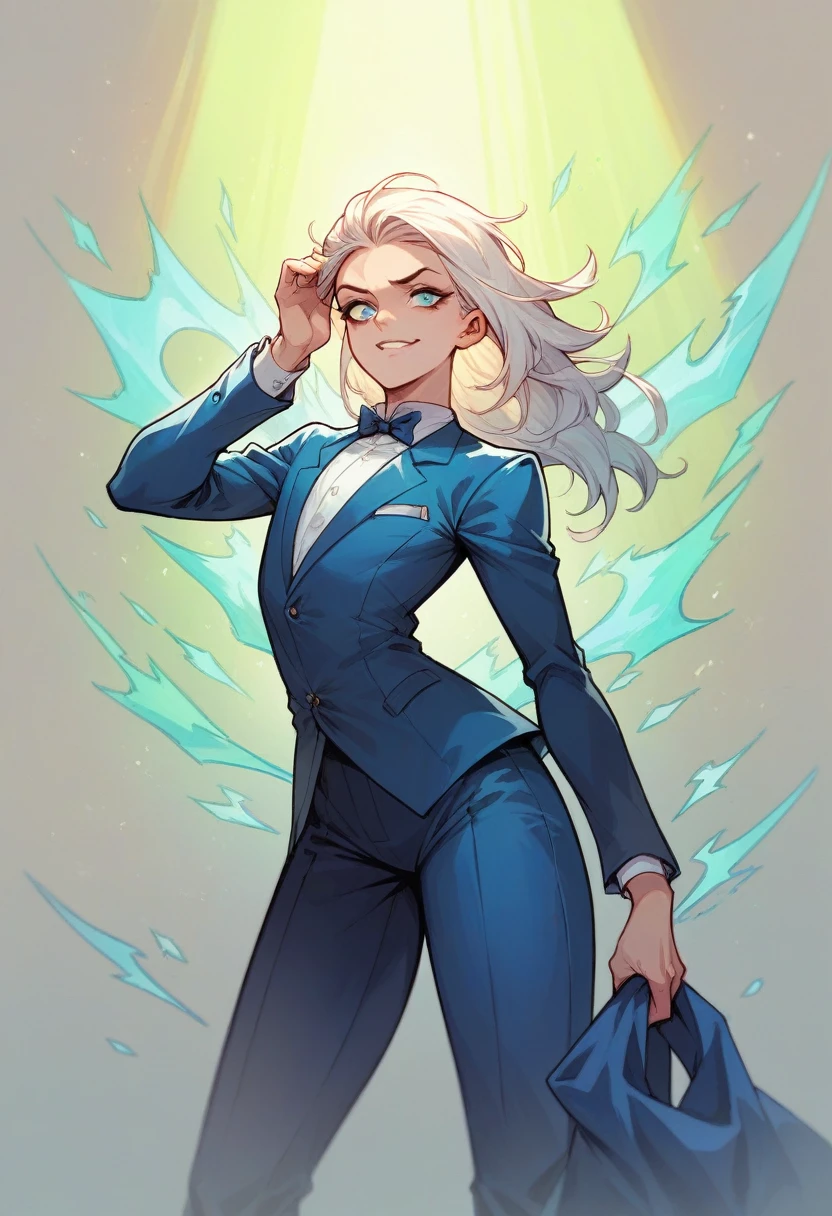 Centella, a Marvel avenger style Marvel Comics, with short and shiny hair, bright white and blue suit, capable of generating and controlling cosmic energy rays, fly at supersonic speeds, and resist strong impacts, whole body, feminine