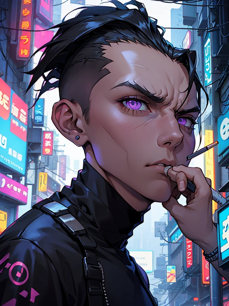 Boy; short hair; undercut; black hair; smokes cigarette; looks pissed; cyberpunk ; deep purple eyes