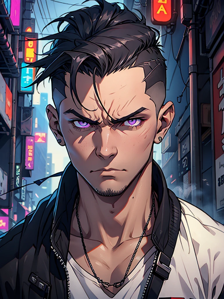 CYBERPUNK MAN, side cut, only half the face is seen, in the background a cyberpunk city 