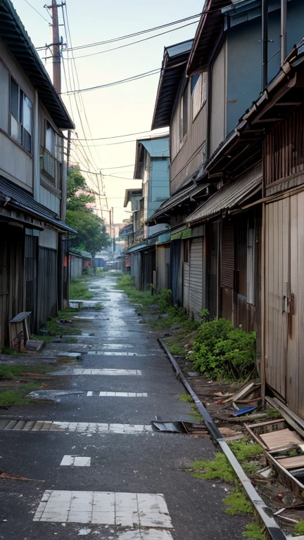 Showa era multi-tenant building Road with broken pavement Country paths Dilapidated atmosphere Rough terrain Slope wood々 evening