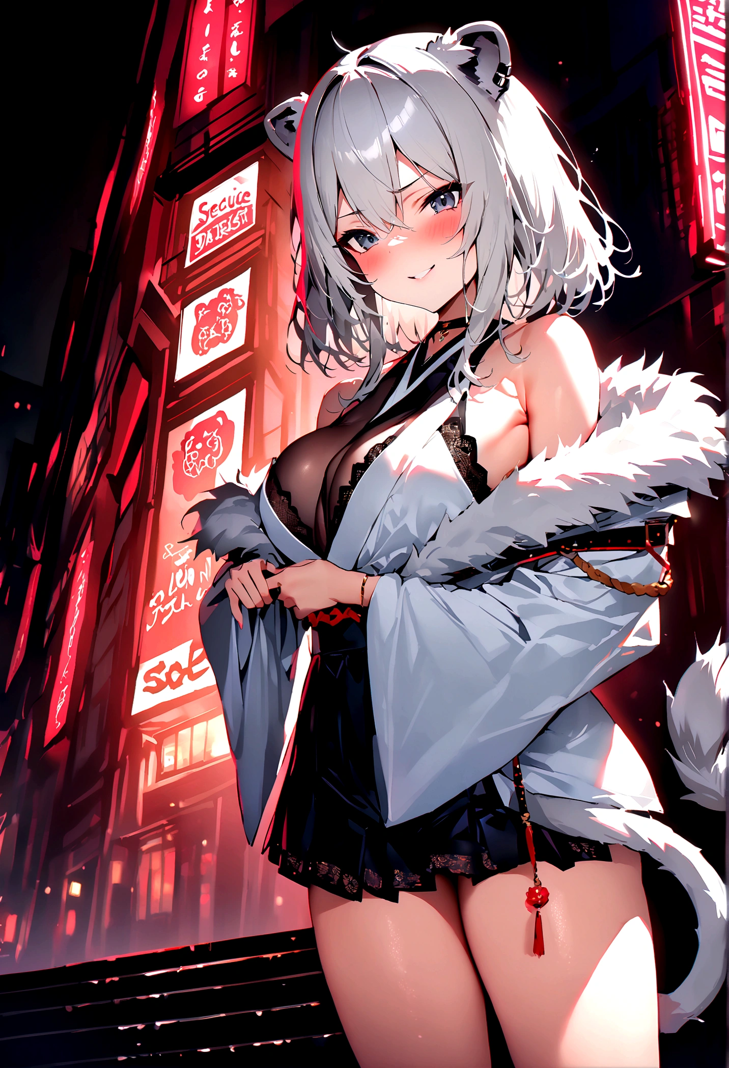 NSFW,masterpiece,Highest quality,High resolution,Super detailed,Shishirabotan\(Hololive\),Double Odango、flower、Side Lock、Lion's tail、White kimono、Off the shoulder、fur ornament、Black Hakama、Short skirt,Bad smile,blush,(Red light district),Sexy pose,(Seduce)