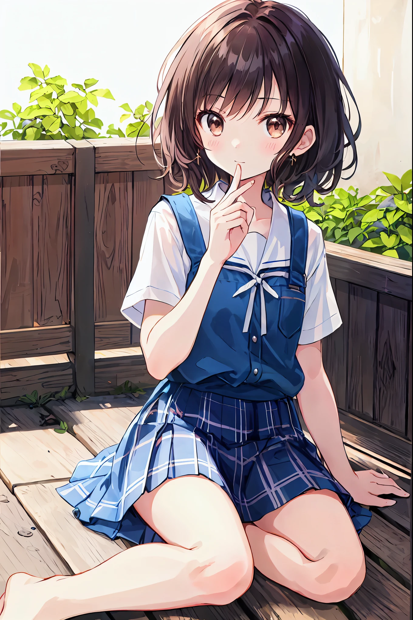(child),Highest quality,Beautiful face in every detail,cute,Dark brown eyes,(背の低いcute女の子,Little young student,Young and delicate girl),(masterpiece,Highest quality),Black Hair,Embarrassing,blush,Short sleeve white shirt,Plaid white skirt,Pitiful,Pitiful,Pitiful,Anatomically correct,Beautifully shaped feet,Shortcuts,Looking straight ahead
