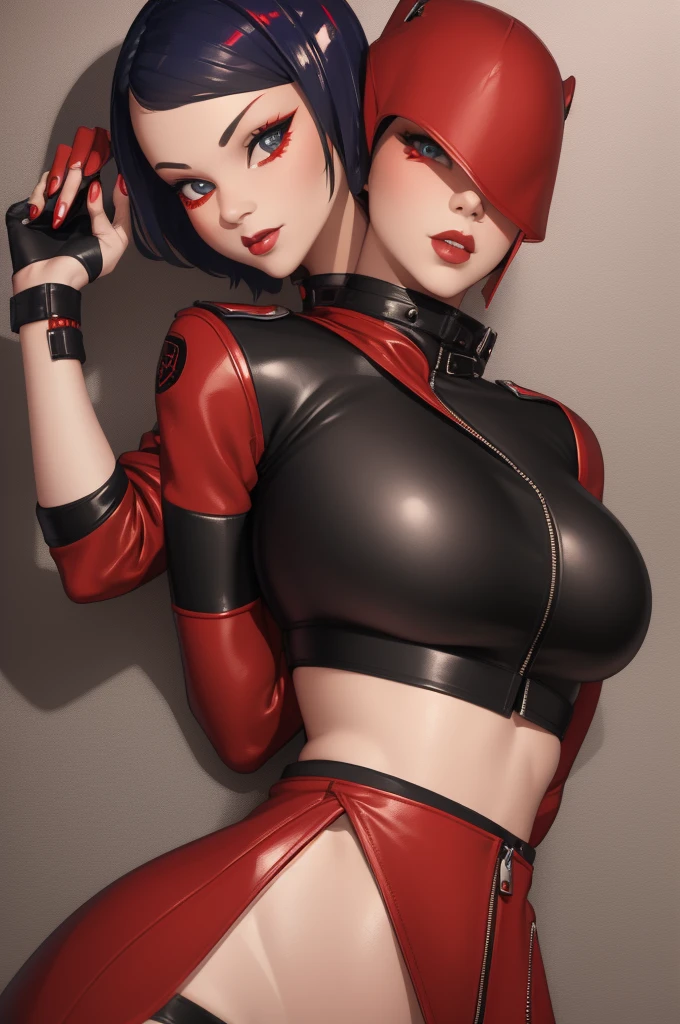(1 Twi’lek girl) Red skin, Black leather jacket with red and blue patches, Jacket open, Black crop top, under boob, large breast, black leather pants, cute face, HD, sexy