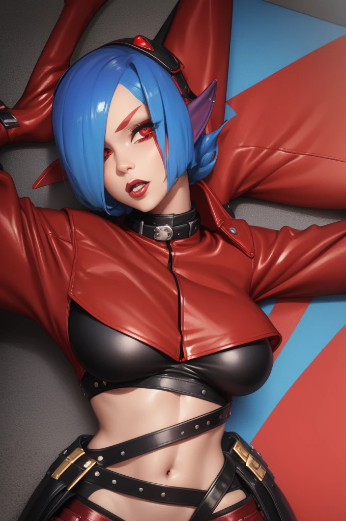 (1 Twi’lek girl) Red skin, Black leather jacket with red and blue patches, Jacket open, Black crop top, under boob, large breast, black leather pants, cute face, HD, sexy 