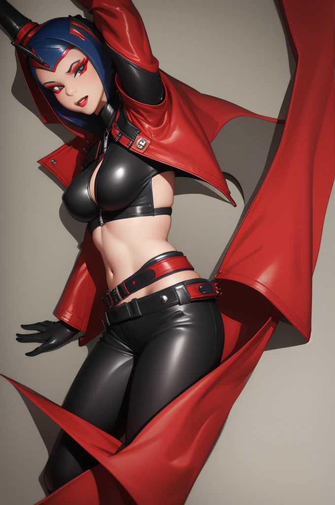 (1 Twi’lek girl) Red skin, Black leather jacket with red and blue patches, Jacket open, Black crop top, under boob, large breast, black leather pants, cute face, HD, sexy 