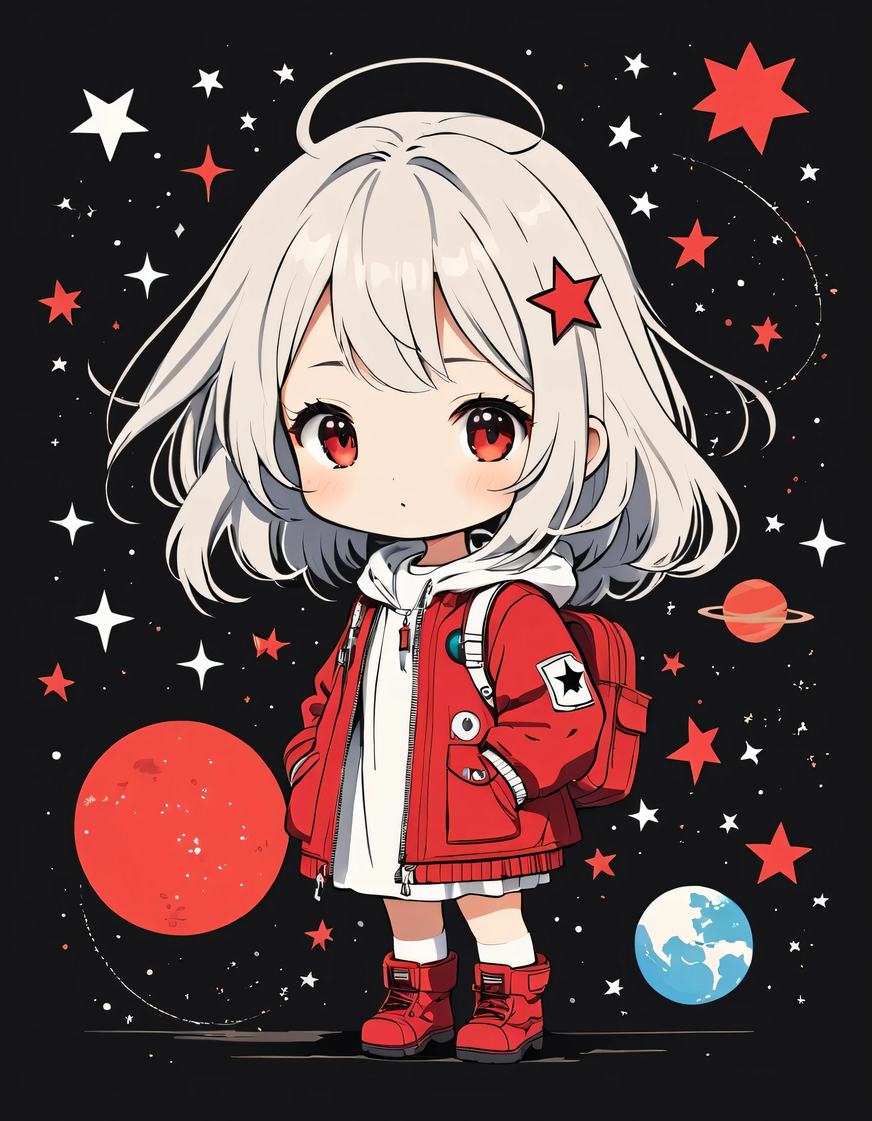 Black Star Red and White style, Simple Line Initialism,Abstract art,Kawaii Design, The most beautiful girl of all time, chibi, Space Exploration, Cute Aliens