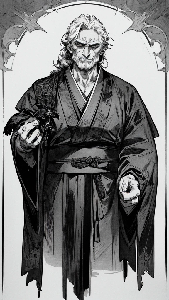 Best quality, (background_detail), high_contrast, detail_original_illustration, warrior, muscular, villain_face, kimono, full_body, holding_a_Japanese_sword, medieval, deep_wrinkles_on_eyebrows, middle_aged_man, dark_stitch_landscape, (dramatic_lighting:1. 25), (shaded_background:1.2), (gray_back hair:1. 2 ), Large figure, Delicate face, Evil smile, Sharp eyes, Black background, (Black background:1. 5) Beautiful line drawing, Black and white