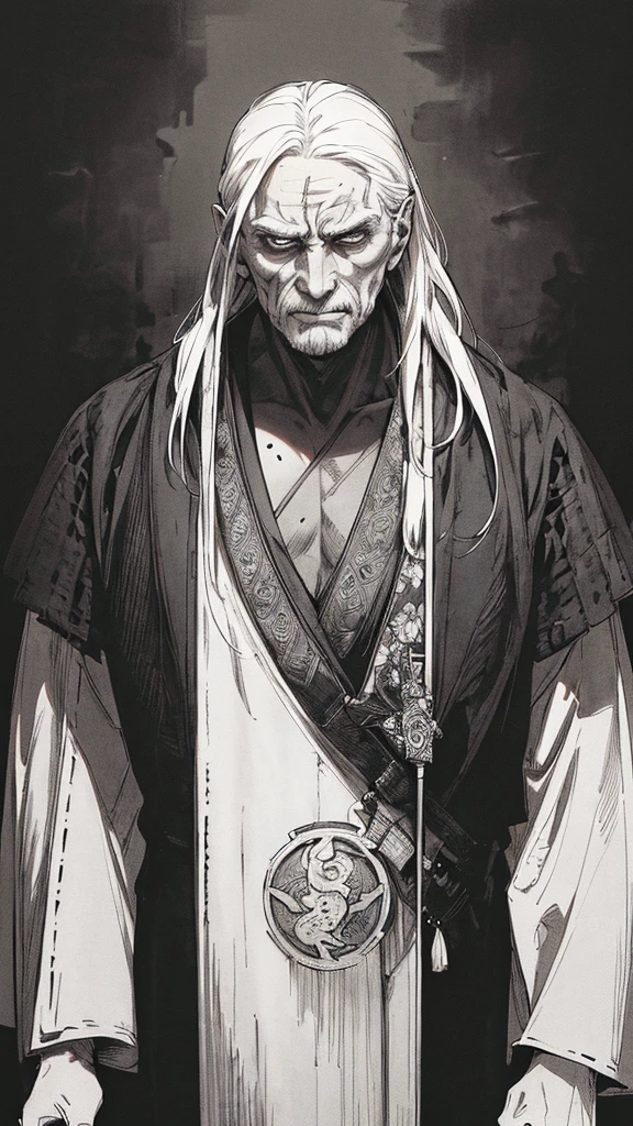 Best quality, (background_detail), high_contrast, detail_original_illustration, warrior, muscular, villain_face, kimono, full_body, holding_a_Japanese_sword, medieval, deep_wrinkles_on_eyebrows, middle_aged_man, dark_stitch_landscape, (dramatic_lighting:1. 25), (shaded_background:1.2), (gray_back hair:1. 2 ), Large figure, Delicate face, Evil smile, Sharp eyes, Black background, (Black background:1. 5) Beautiful line drawing, Black and white
