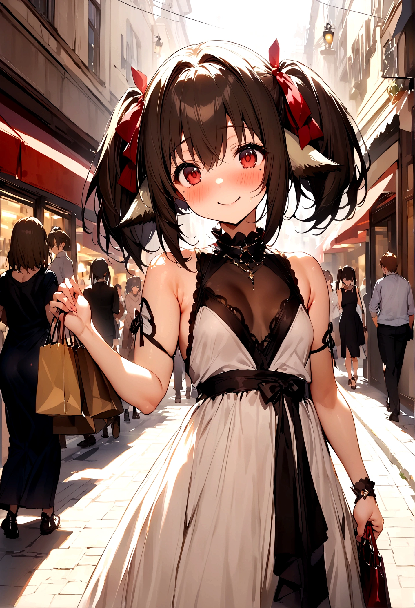 NSFW,masterpiece,Highest quality,High resolution,Super detailed,nekone \(utawarerumono\),Brown Hair、(Red Eye:1.3)、ribbon,Animal Ears,Heng'er,Twin tails、ヘアribbon、Mole、目の下のMole,Small breasts,High-quality silk dress,blush,Expecting face,Be nervous,smile,bustling street,Shopping
